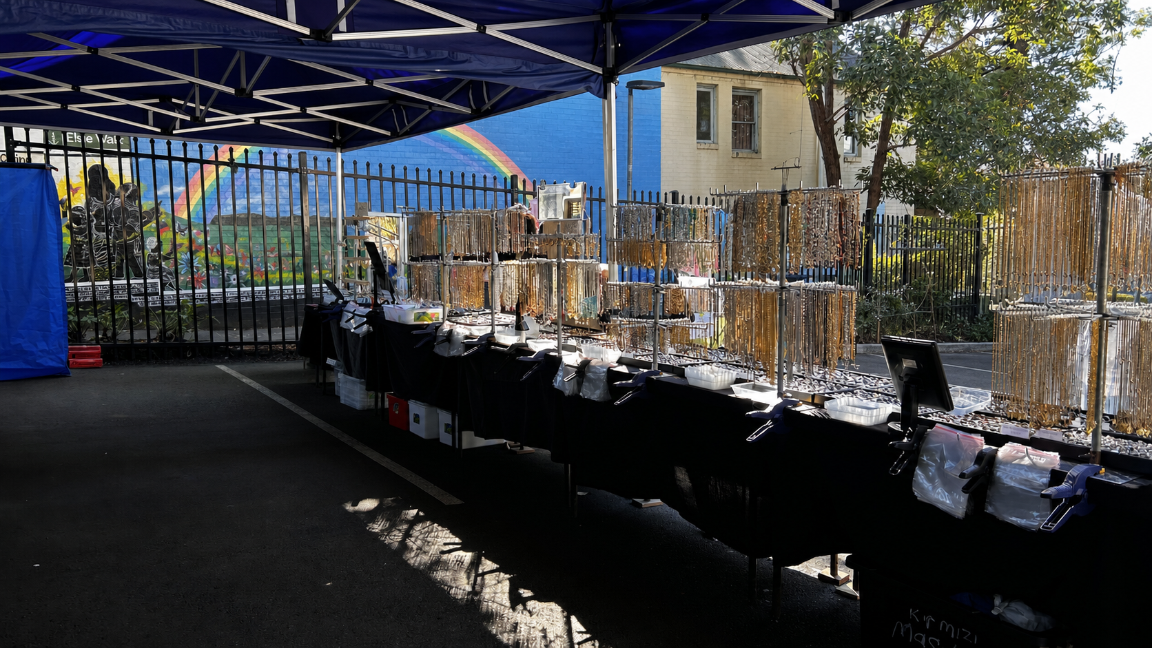 Fatma’s jewellery stall at Glebe Markets, set up for Saturday.